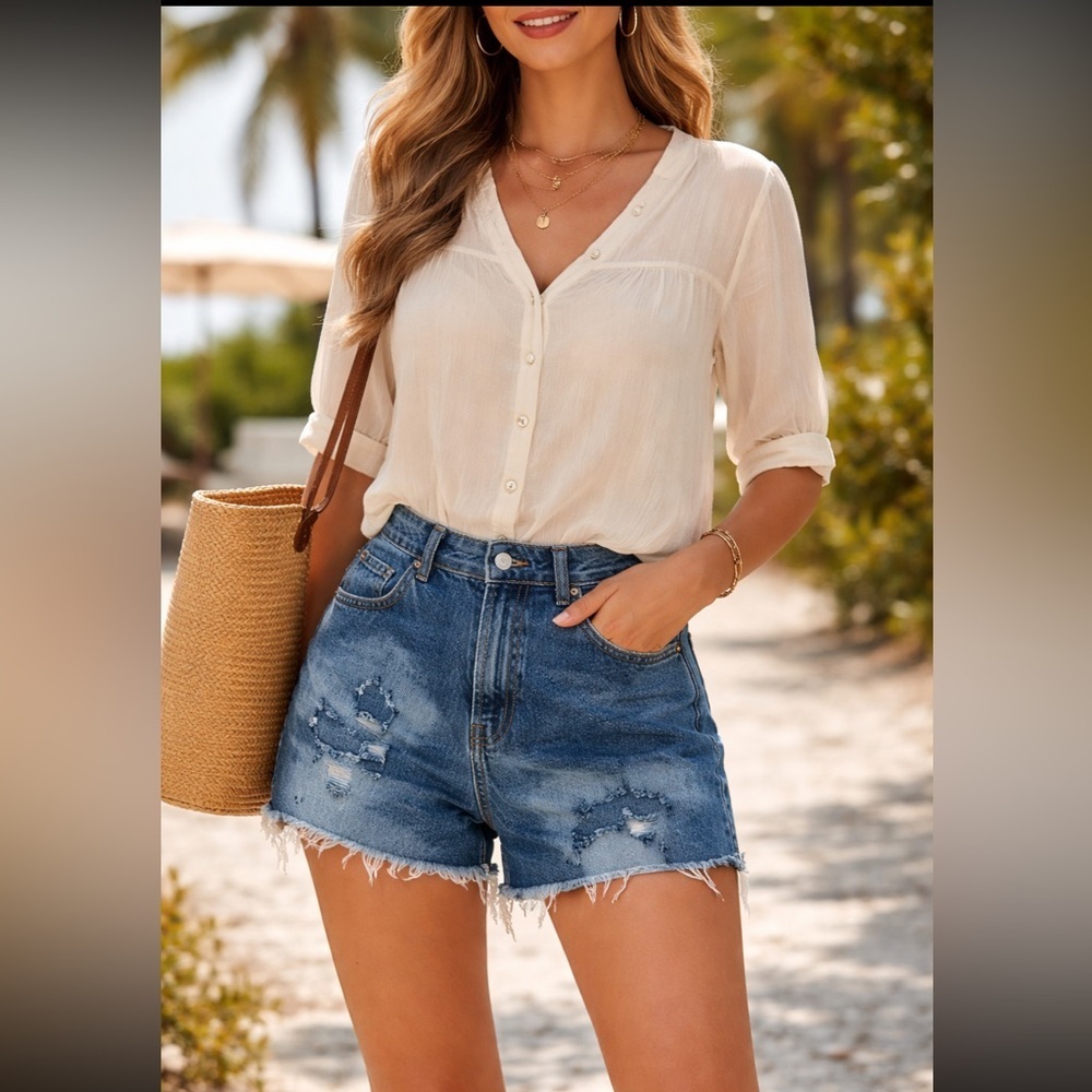 Rihoas Cream Pearl Button-Up Lux Blouse